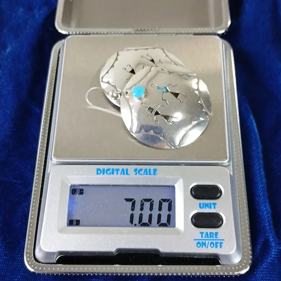 Native American Hook Earrings Sterling Silver Cut Out Figures and Turquoise - Picture 7 of 12